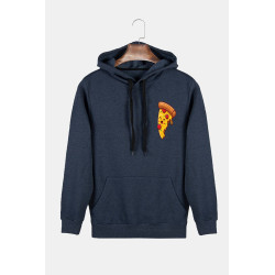 Unisex Indigo Kapüşonlu Pizza Dilimi Baskılı Slim Fit Kanguru