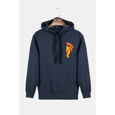 Unisex Indigo Kapüşonlu Pizza Dilimi Baskılı Slim Fit Kanguru