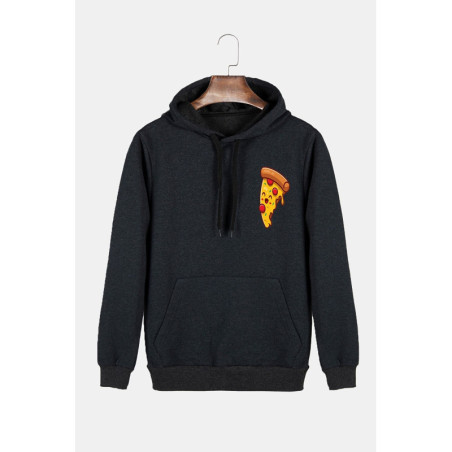 Unisex Antrasit Kapüşonlu Pizza Dilimi Baskılı Slim Fit Kanguru