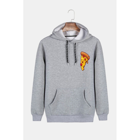 Unisex Gri Kapüşonlu Pizza Dilimi Baskılı Slim Fit Kanguru