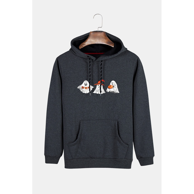 Unisex Füme Kapüşonlu Cadılar Bayramı Boo Baskılı Slim Fit