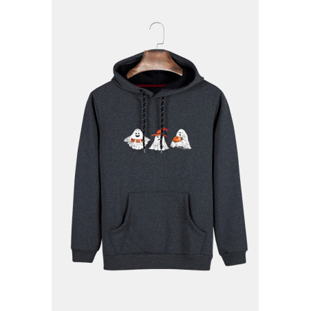 Unisex Füme Kapüşonlu Cadılar Bayramı Boo Baskılı Slim Fit
