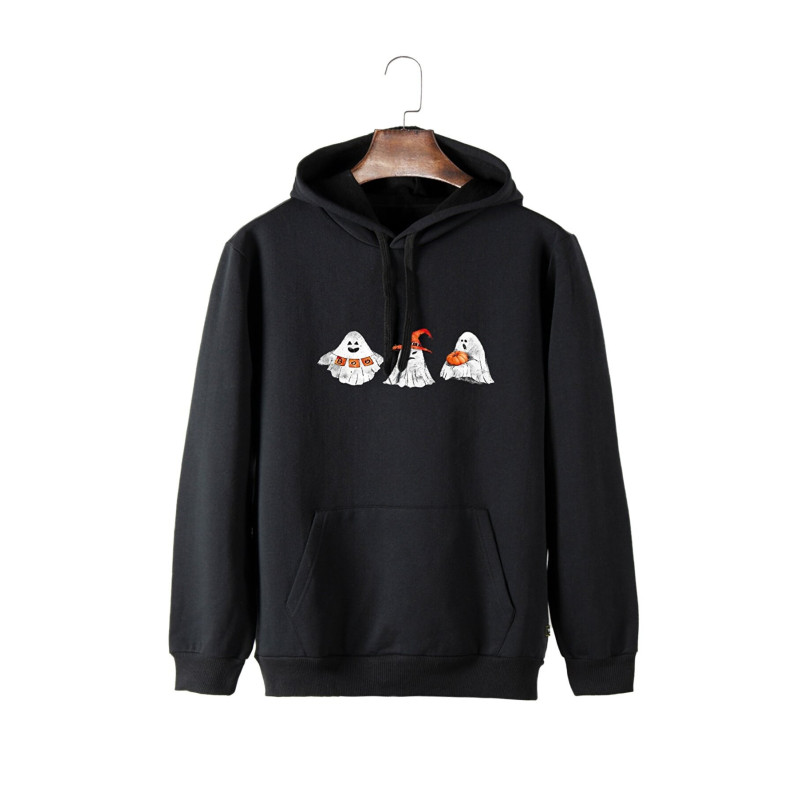 Unisex Siyah Kapüşonlu Cadılar Bayramı Boo Baskılı Slim Fit