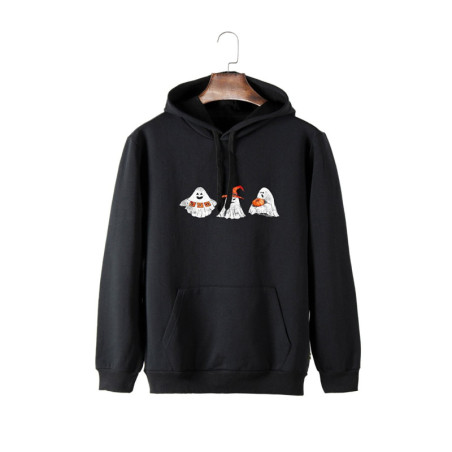Unisex Siyah Kapüşonlu Cadılar Bayramı Boo Baskılı Slim Fit