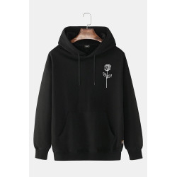 Unisex Siyah Kapüşonlu Gül Baskılı Slim Fit Kanguru Cepli