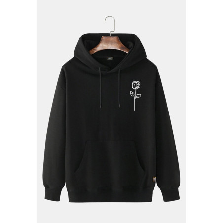 Unisex Siyah Kapüşonlu Gül Baskılı Slim Fit Kanguru Cepli