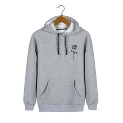 Unisex Gri Kapüşonlu Gül Baskılı Slim Fit Kanguru Cepli