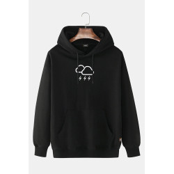 Unisex Siyah Kapüşonlu Bulut Baskılı Slim Fit Kanguru Cepli