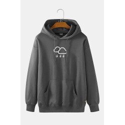 nisex Antrasit Kapüşonlu Bulut Baskılı Slim Fit Kanguru Cepli