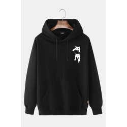 Unisex Siyah Kapüşonlu Kedi Baskılı Slim Fit Kanguru Cepli