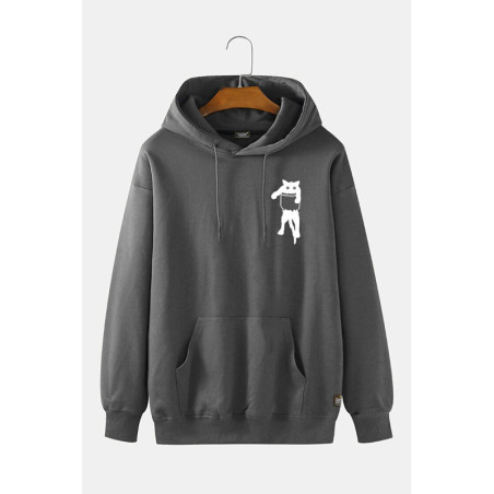 Unisex Antrasit Kapüşonlu Kedi Baskılı Slim Fit Kanguru Cepli