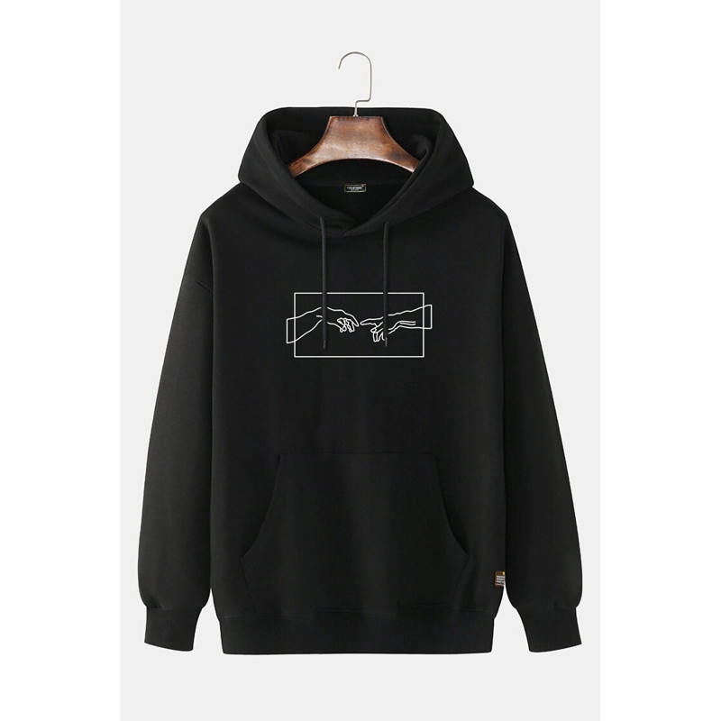 Unisex Siyah Kapüşonlu Adem'in Yaratılışı Baskılı Slim Fit