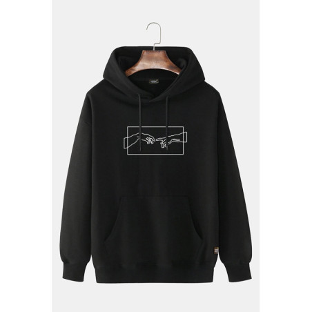 Unisex Siyah Kapüşonlu Adem'in Yaratılışı Baskılı Slim Fit