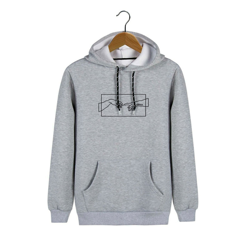 Unisex Gri Kapüşonlu Adem'in Yaratılışı Baskılı Slim Fit