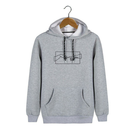 Unisex Gri Kapüşonlu Adem'in Yaratılışı Baskılı Slim Fit