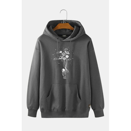 Unisex Antrasit Kapüşonlu Balon Baskılı Slim Fit Kanguru Cepli
