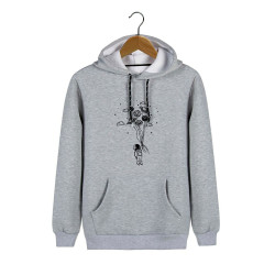 Unisex Gri Kapüşonlu Balon Baskılı Slim Fit Kanguru Cepli