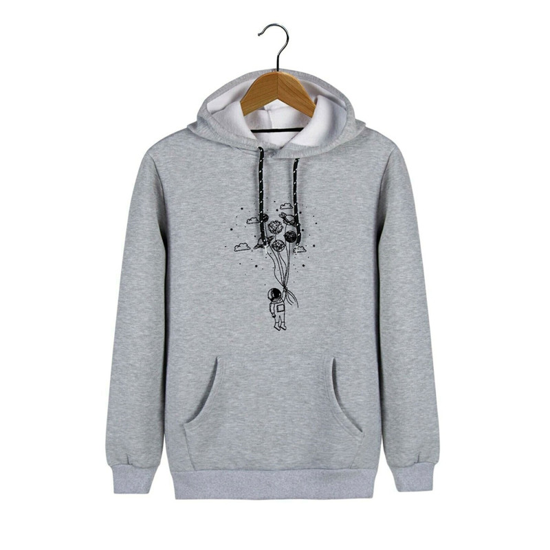 Unisex Gri Kapüşonlu Balon Baskılı Slim Fit Kanguru Cepli