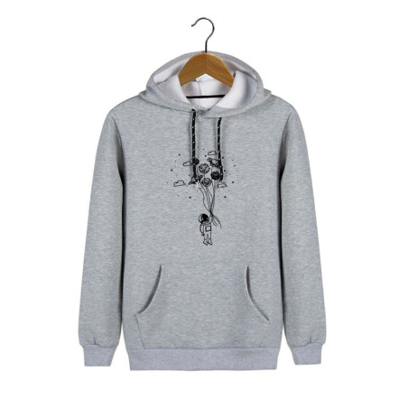 Unisex Gri Kapüşonlu Balon Baskılı Slim Fit Kanguru Cepli
