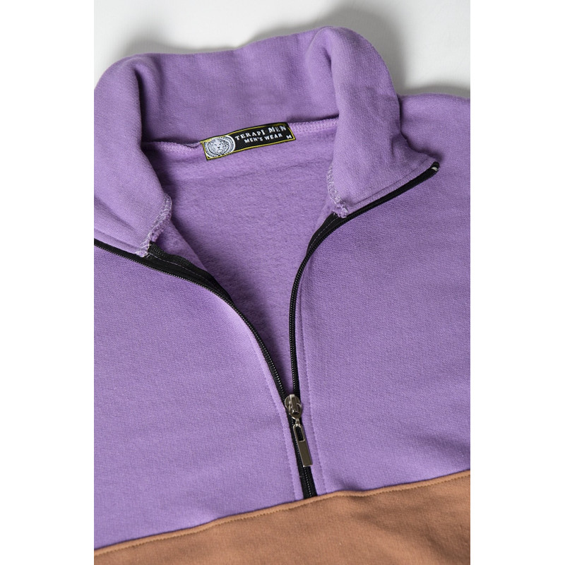 Unisex Mor-kahverengi Üç Bloklu Yarım Fermuarlı Rahat Kalıp