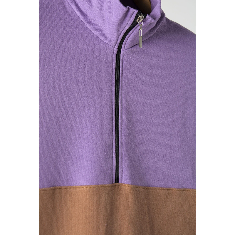 Unisex Mor-kahverengi Üç Bloklu Yarım Fermuarlı Rahat Kalıp