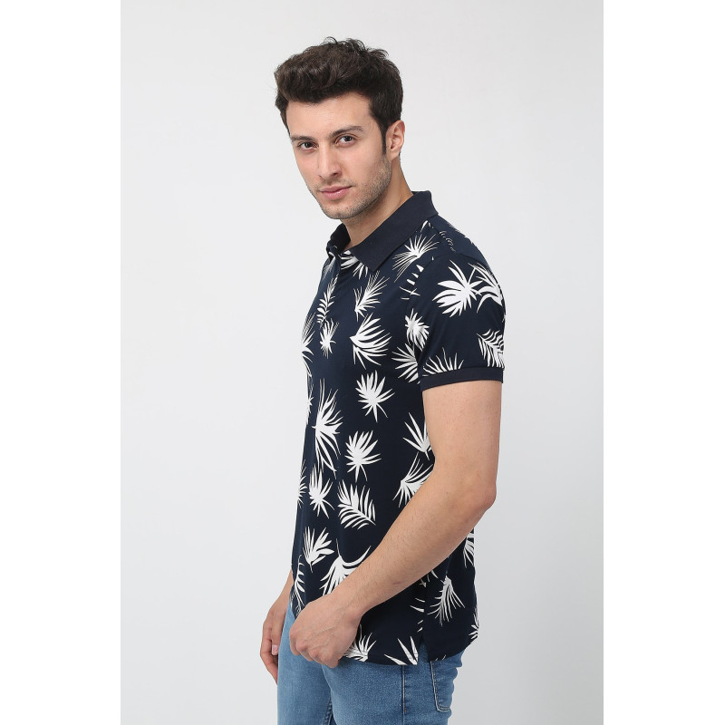Erkek Slim Fit Desenli Polo Yaka T-Shirt Lacivert