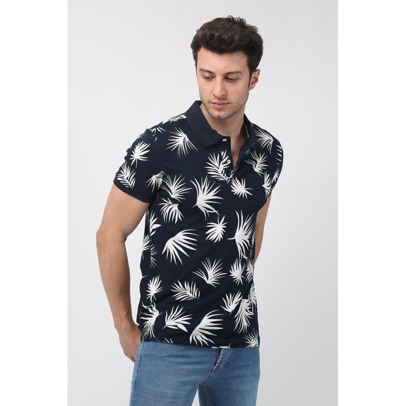 Erkek Slim Fit Desenli Polo Yaka T-Shirt Lacivert