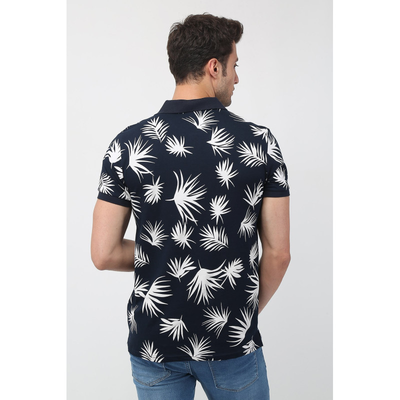Erkek Slim Fit Desenli Polo Yaka T-Shirt Lacivert