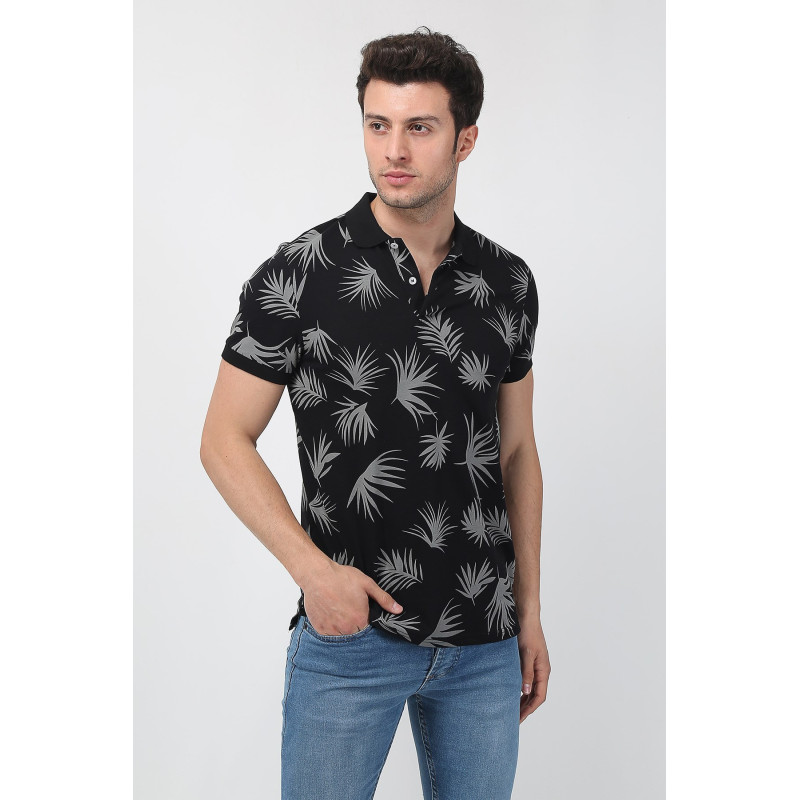 Erkek Slim Fit Desenli Polo Yaka T-Shirt Siyah