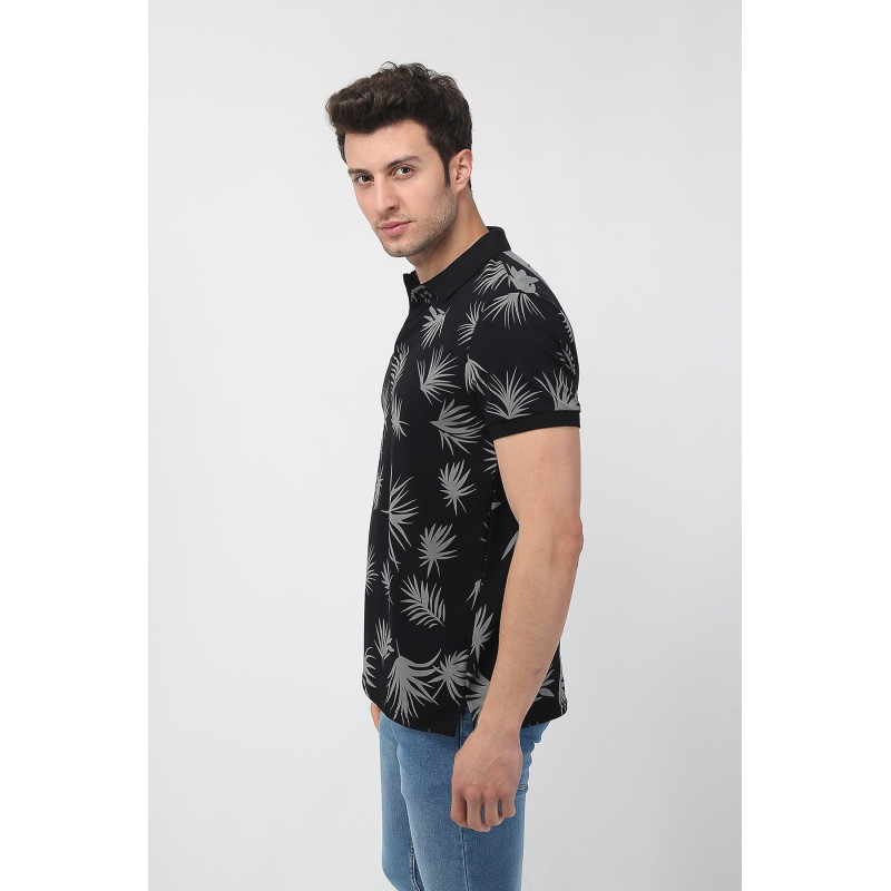 Erkek Slim Fit Desenli Polo Yaka T-Shirt Siyah