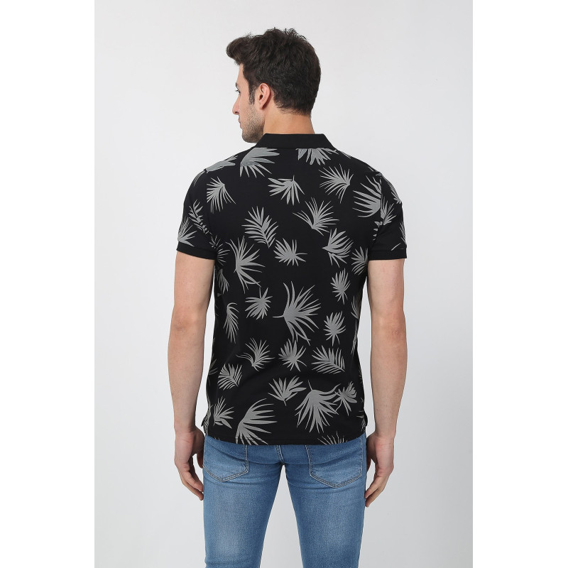 Erkek Slim Fit Desenli Polo Yaka T-Shirt Siyah