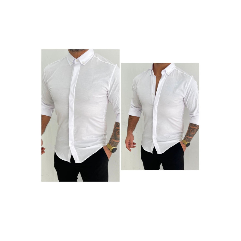 Erkek Gizli Düğmeli Slim Fit Basic Gömlek Beyaz