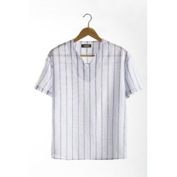 Erkek Beyaz Açık V Yaka Oversize Rahat Kalıp Kısa Kollu Çizgili