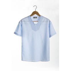 Erkek Açık Mavi Açık V Yaka Oversize Rahat Kalıp Kısa Kollu