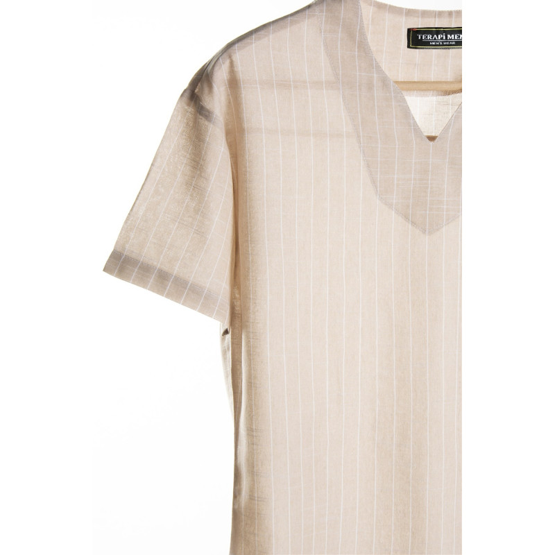 Erkek Krem Açık V Yaka Oversize Rahat Kalıp Kısa Kollu Çizgili