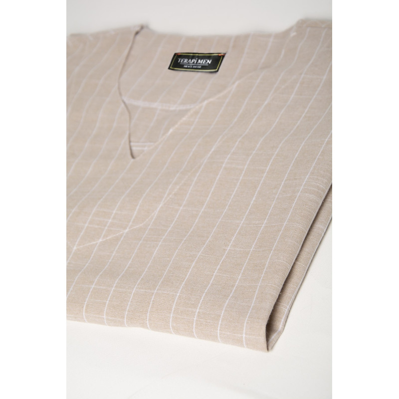 Erkek Krem Açık V Yaka Oversize Rahat Kalıp Kısa Kollu Çizgili