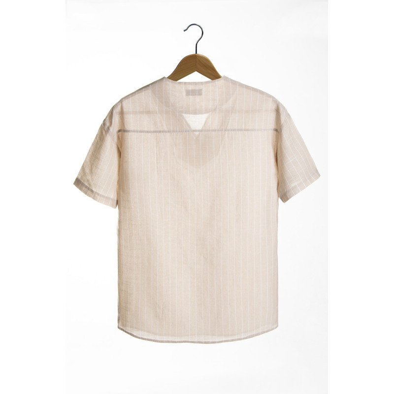 Erkek Krem Açık V Yaka Oversize Rahat Kalıp Kısa Kollu Çizgili