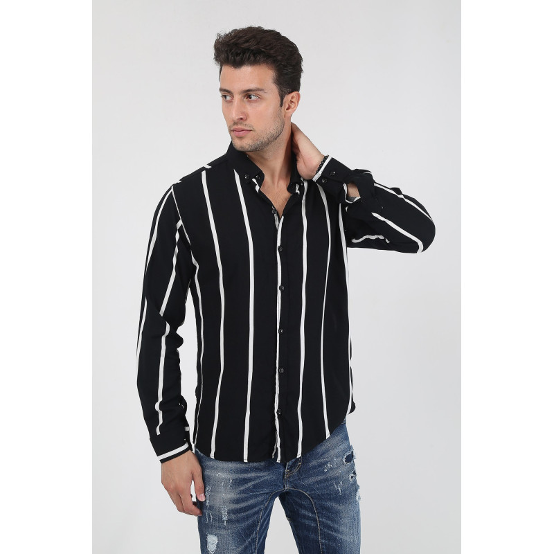 Erkek Dik Çizgili Uzun Kollu Gömlek Siyah