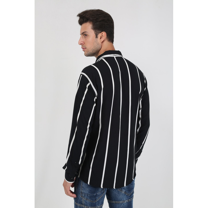 Erkek Dik Çizgili Uzun Kollu Gömlek Siyah