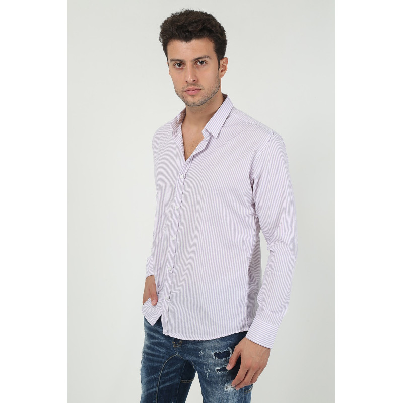 Erkek Kalın Dik Çizgili Uzun Kollu Slim Fit Gömlek Lila