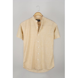 Erkek Hakim Yaka Kısa Kollu Çizgili Yarım Patlı Keten Gömlek