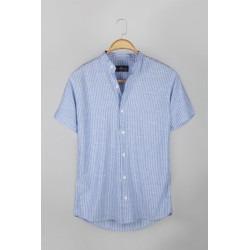 Erkek Hakim Yaka Kısa Kollu Çizgili Yarım Patlı Keten Gömlek