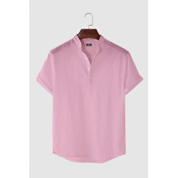 Erkek Hakim Yaka Kısa Kollu Yarım Patlı Keten Gömlek Pembe