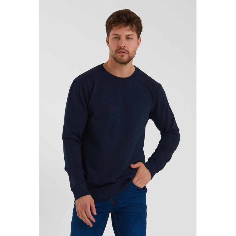 Erkek Lacivert Bisiklet Yaka Basic Pamuklu Sweatshirt