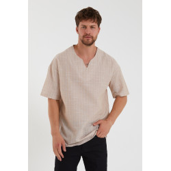 Erkek Krem Açık V Yaka Oversize Kısa Kollu Çizgili Gömlek