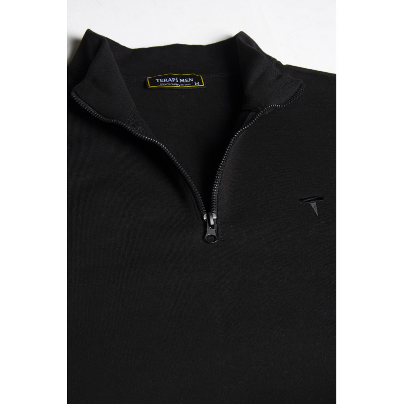 Unisex Siyah Yarım Fermuarlı Basic Düz Renk Trend Sweatshirt